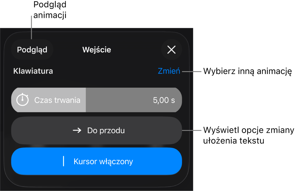 Widoczne są opcje animacji: Czas trwania, Animacja tekstu oraz Wykonanie. Stuknij w Zmień, aby wybrać inną animację. Stuknij w Podgląd, aby zobaczyć podgląd animacji.