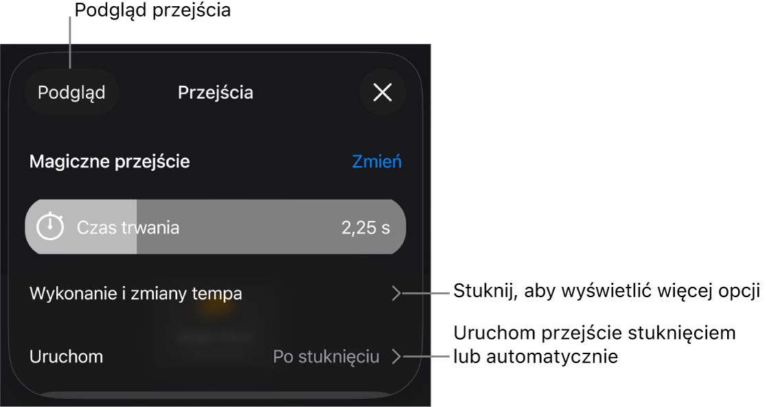 Narzędzia przejścia Magiczne przejście w panelu Przejścia.