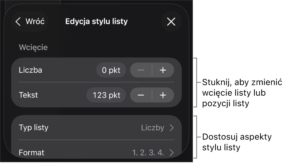 Menu Edycja stylu listy z narzędziami umożliwiającymi edycję typu i wyglądu listy.