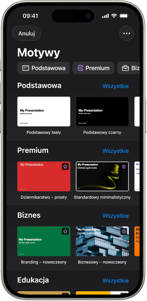&nbsp;Paleta motywów z&nbsp;widocznym na górze wierszem kategorii, w&nbsp;które możesz stuknąć, aby filtrować dostępne motywy. Poniżej widoczne są miniaturki gotowych motywów uporządkowane wierszami według kategorii.