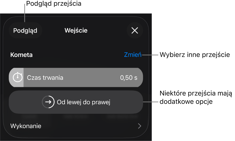 Narzędzia w panelu Opcje służące do modyfikowania przejścia.