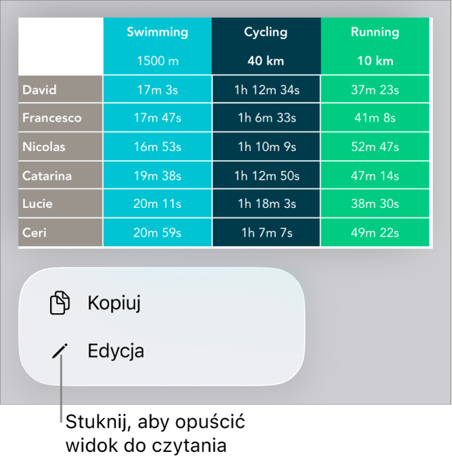 Zaznaczona tabela z widocznym poniżej menu zawierającym przyciski Kopiuj oraz Edycja.