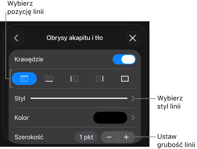 Narzędzia zmieniania stylu, grubości, pozycji i koloru linii.