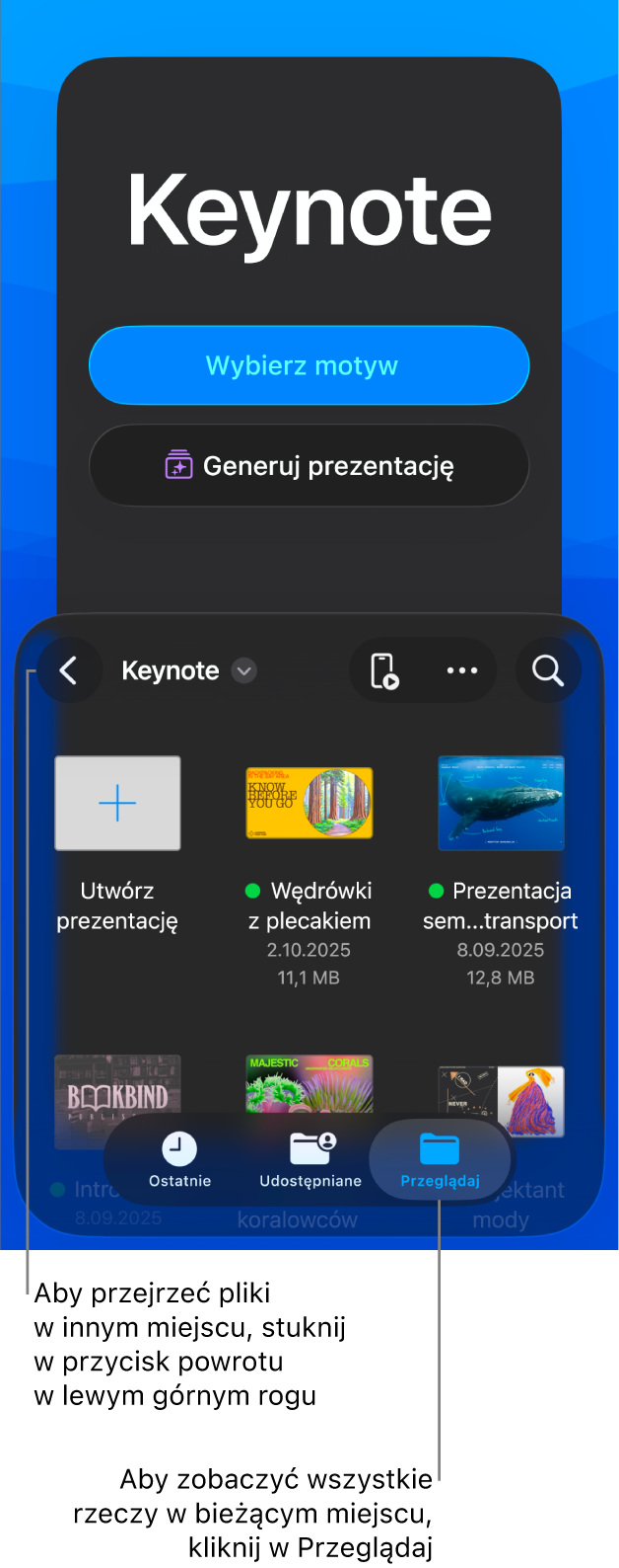 Menedżer dokumentów z przyciskami umożliwiającymi wybór motywu i rozpoczęcie tworzenia prezentacji od konspektu w górnej połowie ekranu oraz przeglądarka dokumentów z udostępnianą prezentacją w dolnej połowie ekranu.