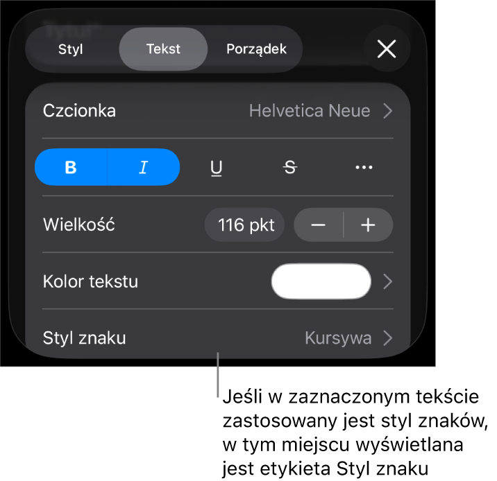 Narzędzia formatowania tekstu oraz menu stylów znaków widoczne poniżej narzędzi koloru. Styl znaków Brak wyświetlany jest z gwiazdką.