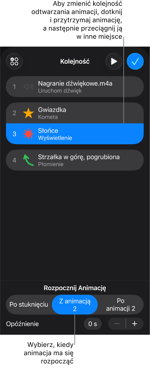 Lista kolejności animacji, zawierająca efekty wejścia oznaczone żółtymi etykietami oraz efekty wyjścia oznaczone szarymi etykietami.