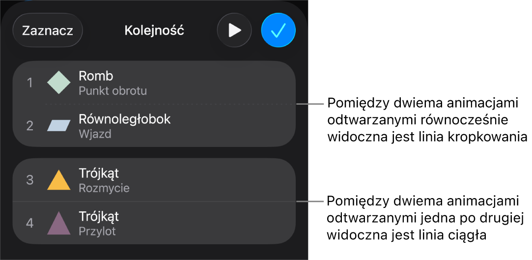 Menu Kolejność animacji z linią kropkowaną widoczną między dwoma animacjami odtwarzanymi jednocześnie oraz linią ciągłą między animacjami odtwarzanymi jedna po drugiej.