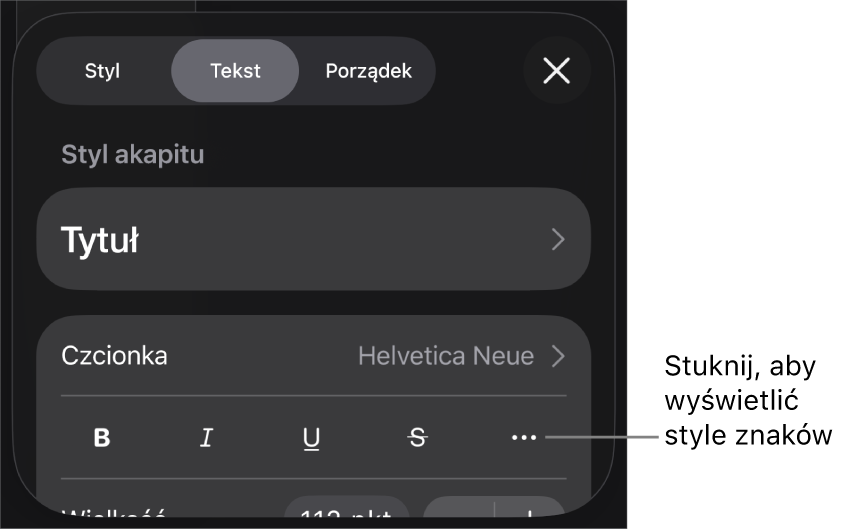 Narzędzia formatowania. Na samej górze widoczne są style akapitu, a poniżej znajdują się narzędzia czcionki. Pod narzędziami czcionki widoczne są przyciski Pogrubienie, Kursywa, Podkreślenie, Przekreślenie oraz Więcej opcji tekstu.