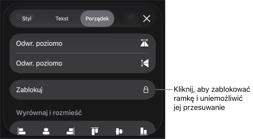 Narzędzia Uporządkuj w menu Format z wyróżnionym przyciskiem Blokuj.