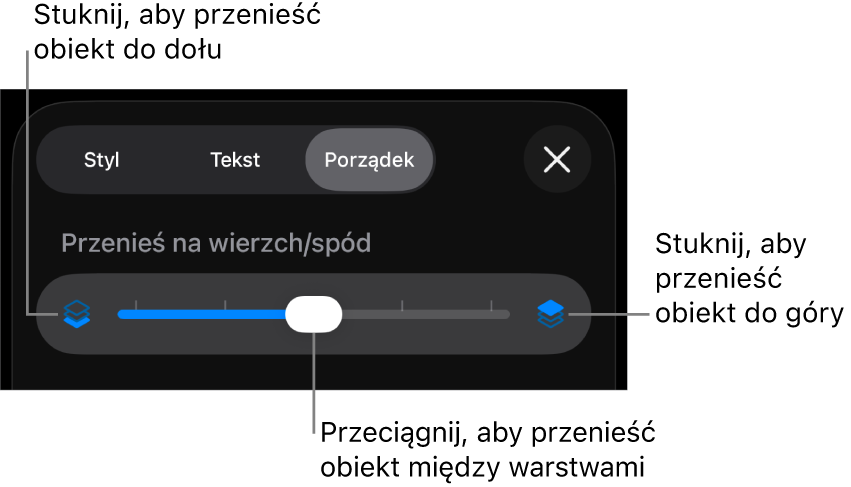 Przycisk przenoszenia niżej, przycisk przenoszenia wyżej i suwak warstw.