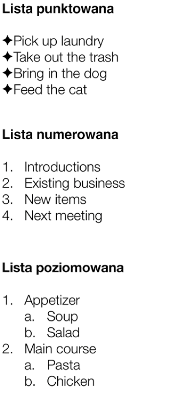 Przykłady list wypunktowanych, numerowanych i hierarchicznych.