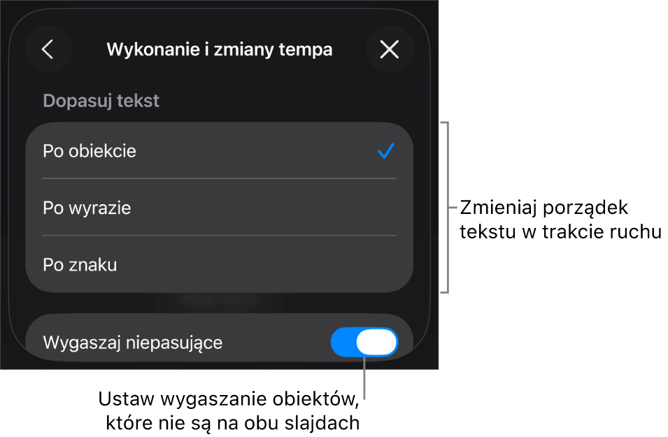Opcje wykonania oraz zmiany tempa Magicznego przejścia w panelu Zmiany tempa.