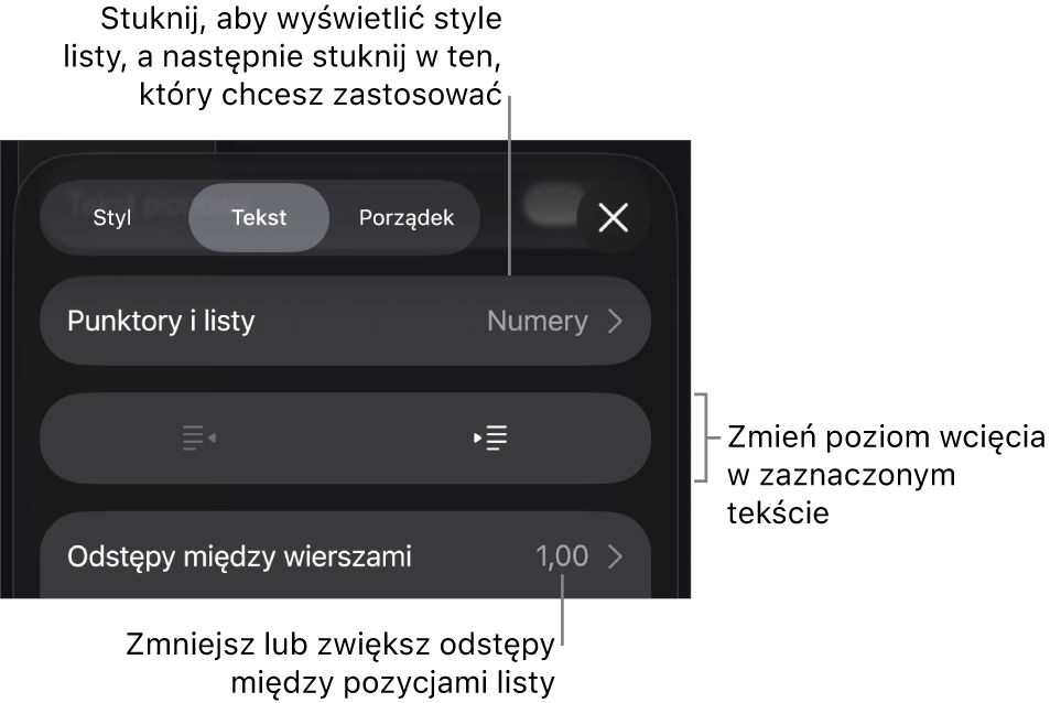 Sekcja Punktory i listy w narzędziach Format. Objaśnienia wskazują przyciski Punktory i listy, Wysunięcie oraz Wcięcie, a także narzędzia odstępów między wierszami.