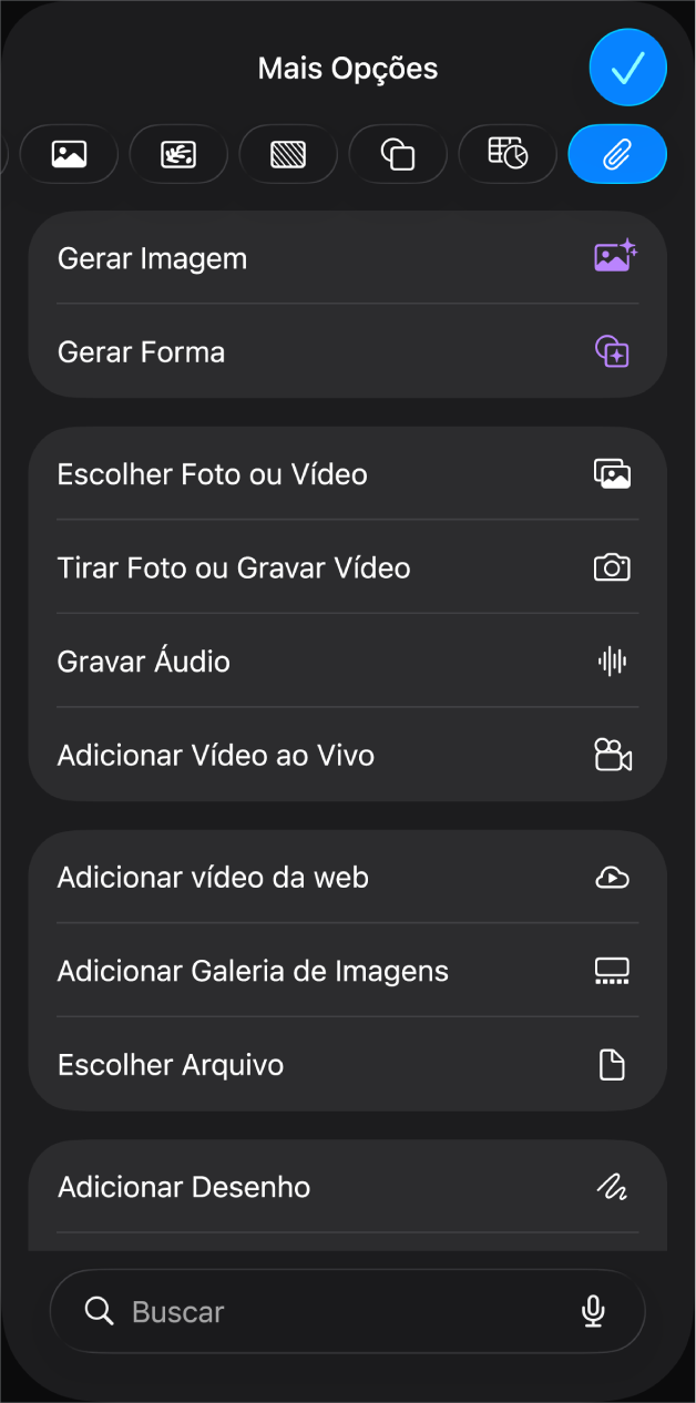 O menu Mídia mostrando botões para adicionar e gravar vários objetos de mídia.