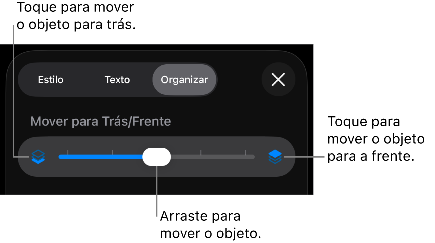 Botão Mover para Trás, botão Mover para a Frente e controle deslizante de camada