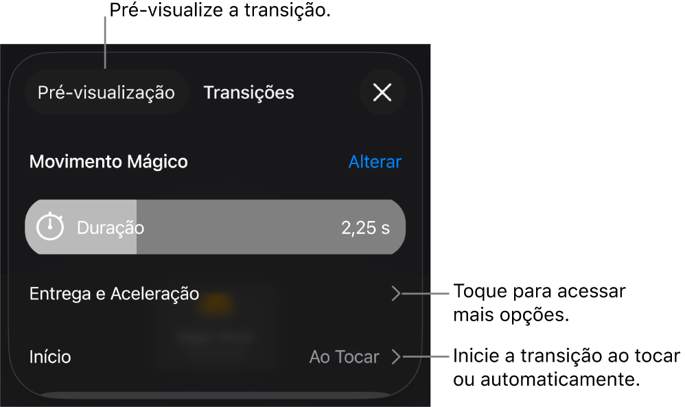Controles de Movimento Mágico no painel Transições.