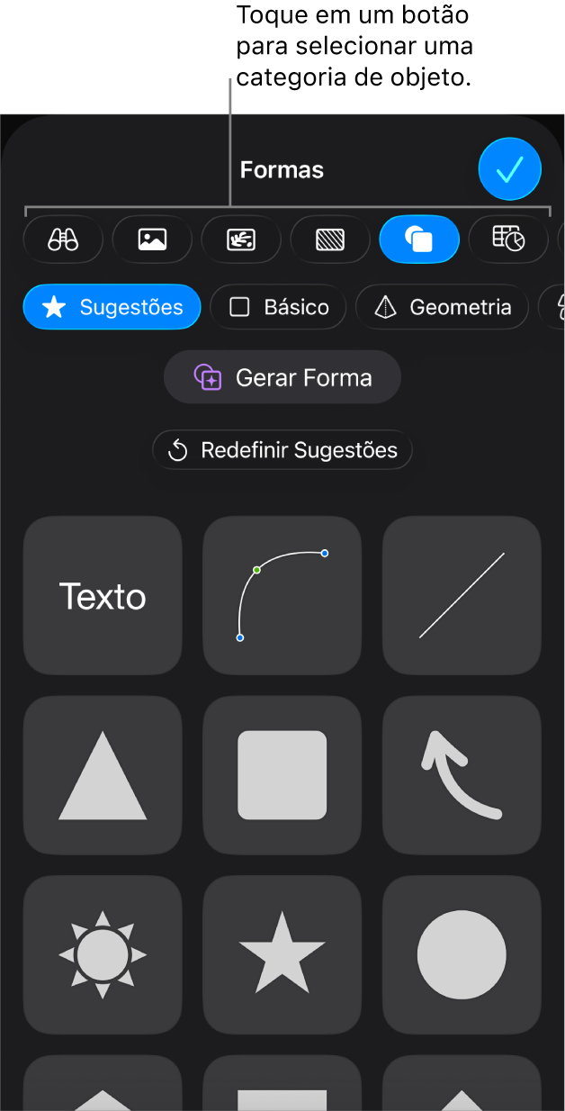 Os controles para adicionar um objeto, com botões na parte superior para selecionar tabelas, gráficos, formas (incluindo linhas e caixas de texto) e mídia.