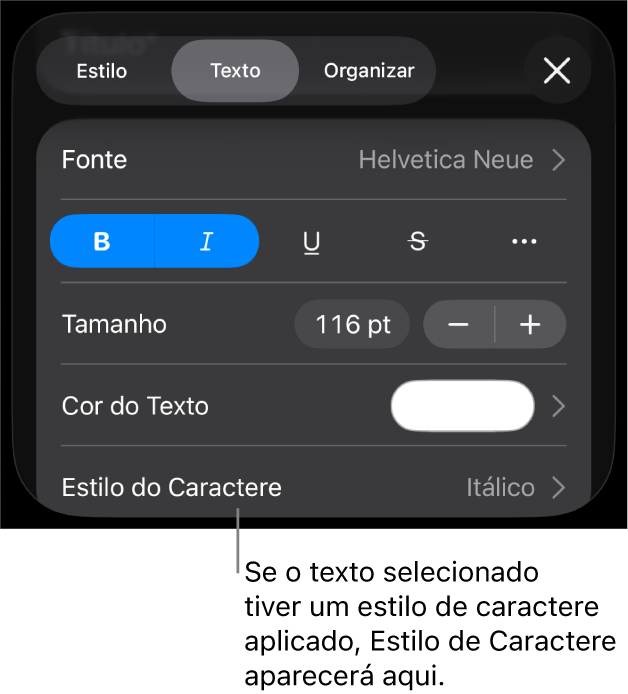 Os controles de formatação de texto com “Estilo de Caractere” abaixo dos controles de cor. O estilo de caractere Nenhum aparece com um asterisco.