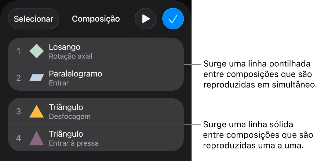 O menu “Composição”, com uma linha pontilhada que aparece entre composições que são reproduzidas simultaneamente e uma linha sólida entre composições que são reproduzidas individualmente.