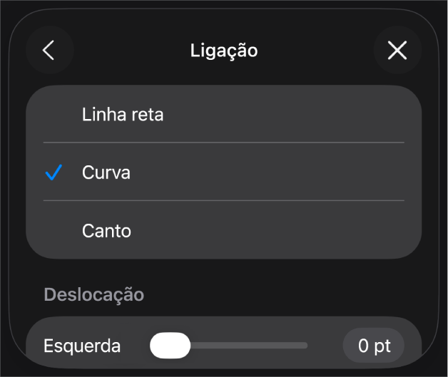 Os controlos de “Ligação” com “Curva” selecionada.