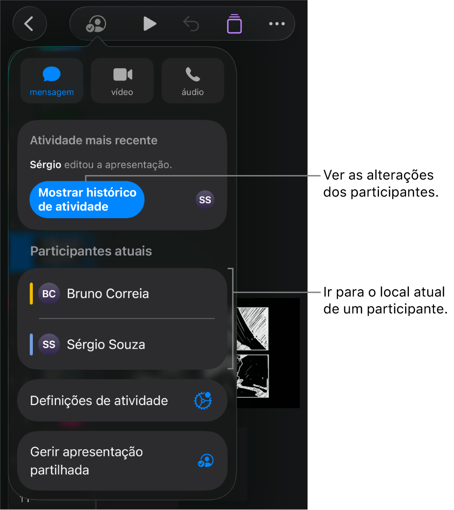O menu de colaboração com os participantes atuais listados.