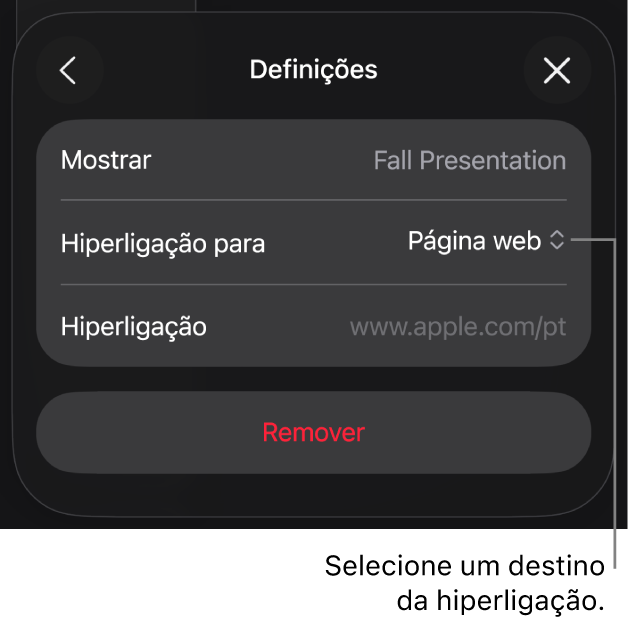 Os controlos “Definições” com a página web selecionada e o botão “Remover” na parte inferior.