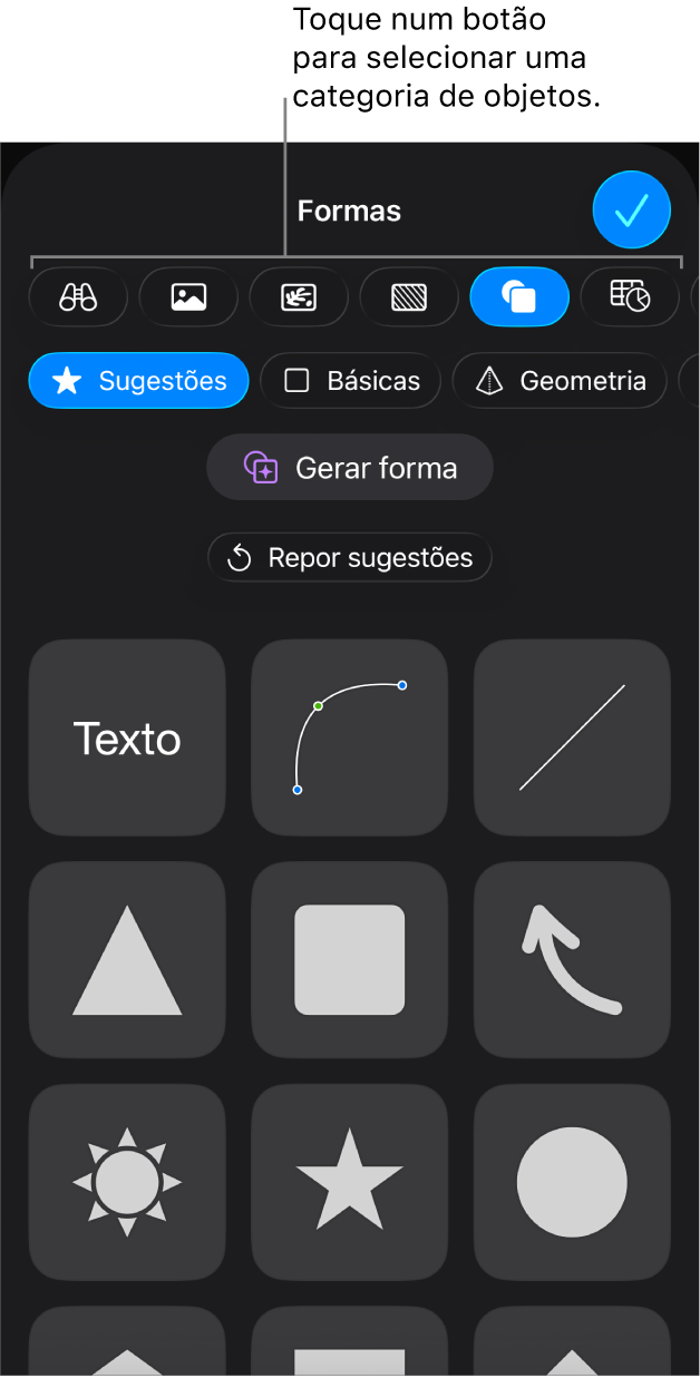 Os controlos para adicionar um objeto, com botões na parte superior para escolher tabelas, gráficos, formas (incluindo linhas e caixas de texto) e multimédia.
