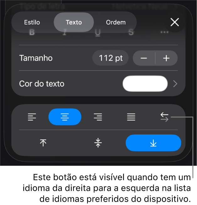 Controlos de texto no menu “Formatação” com uma chamada para o botão “Da direita para a esquerda”.