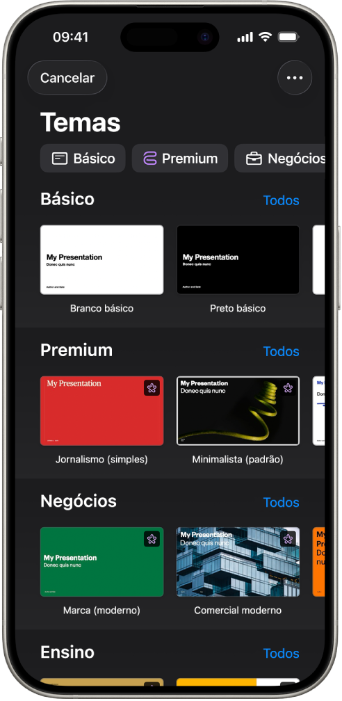 A lista de temas com uma linha de categorias visível na parte superior, na qual é possível tocar para filtrar as opções. Por baixo encontram-se as miniaturas de temas preconcebidos organizados em linhas por categoria.