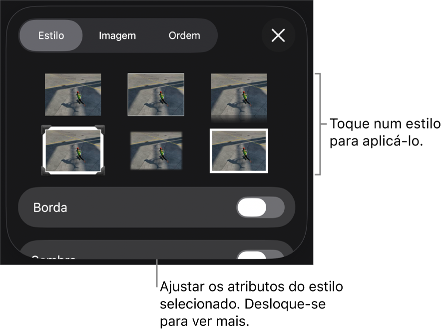 O separador “Estilo” do menu "Formatação” com estilos de objeto na parte superior e um controlo por baixo para alterar a borda.