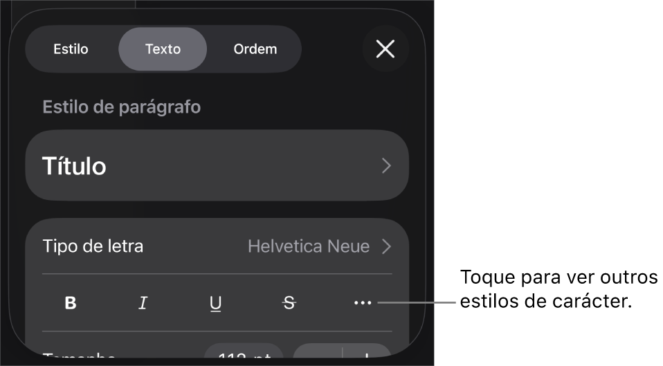 Os controlos de "Formatação” com estilos de parágrafo na parte superior e depois os controlos de tipo de letra. Sob “Tipo de letra” encontram-se os botões “Negrito”, “Itálico”, “Sublinhado”, “Riscado” e “Mais opções de texto”.