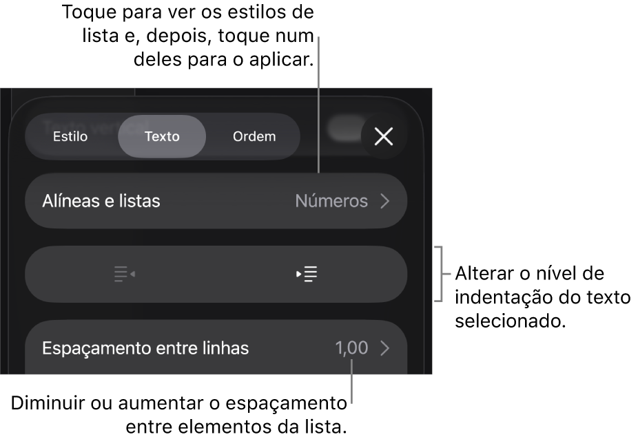 A secção “Marcas e listas” dos controlos de “Formatação” com chamadas para “Marcas e listas”, botões de remover indentação e de indentação e controlos de espaçamento.