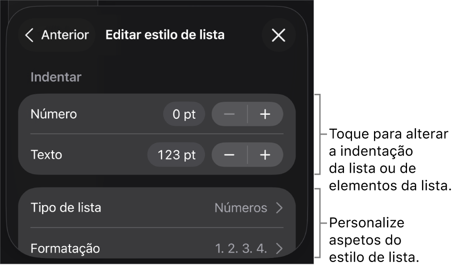 O menu “Editar estilo de lista” com controlos para edição do tipo e aspeto da lista.