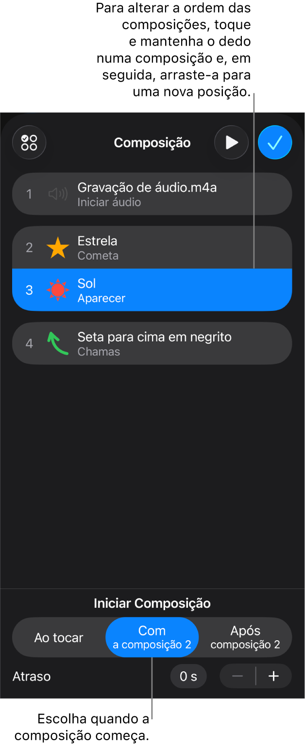 A lista “Ordem de composição” a indicar efeitos de entrada com emblemas amarelos e efeitos de saída com emblemas cinzentos.