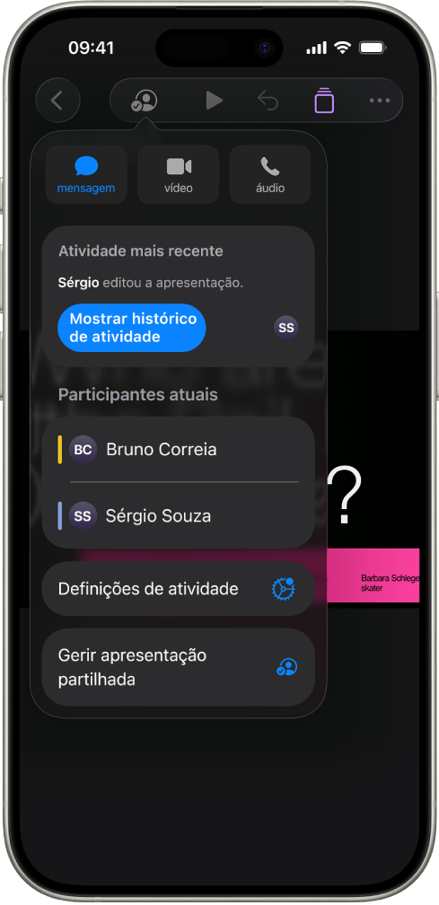 O menu de colaboração a apresentar os nomes das pessoas que estão a colaborar na apresentação.