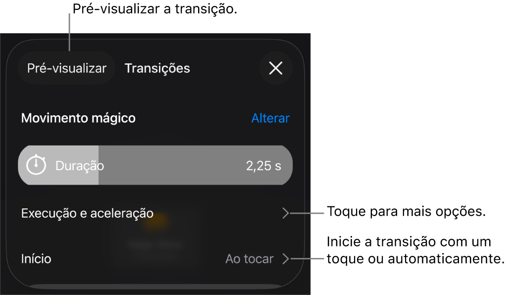 Controlos do “Movimento mágico” no painel “Transições”.