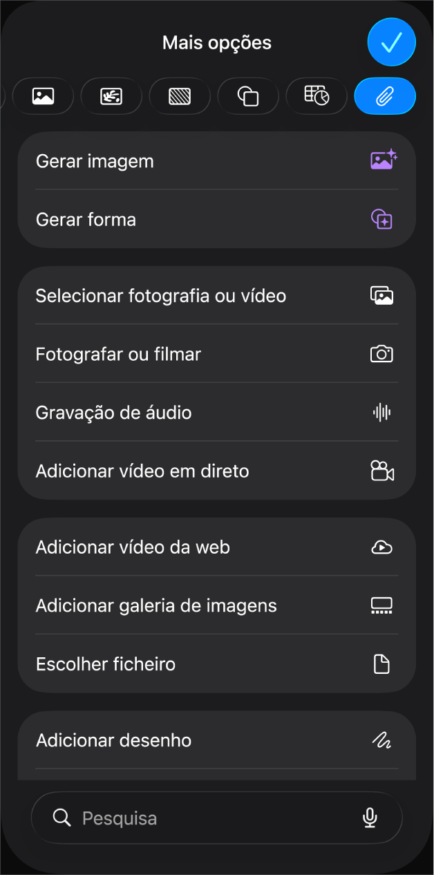 O menu Multimédia a mostrar botões para adicionar e gravar vários objetos de multimédia.