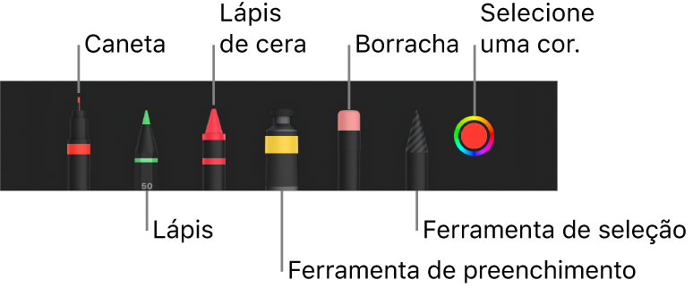 As barra de ferramentas de desenho com uma caneta, lápis, lápis de cera, ferramenta de preenchimento, borracha, ferramenta de seleção e o seletor de cores a apresentar a cor atual.