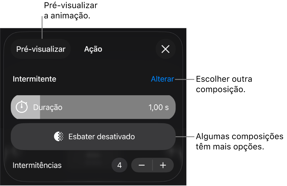 As opções de composição incluem “Duração” e “Temporização de início”. Toque em “Alterar” para escolher uma composição diferente ou toque em “Pré-visualizar” para pré-visualizar a composição.