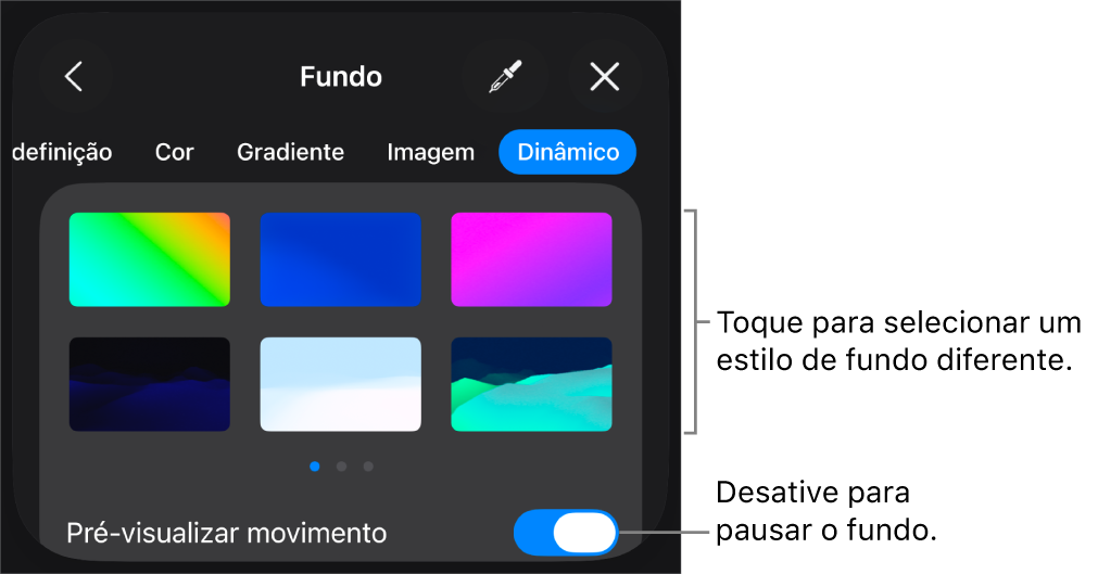 Os controlos de fundo dinâmico com as miniaturas do estilo de fundo e o botão “Pré‑visualizar movimento” apresentados.