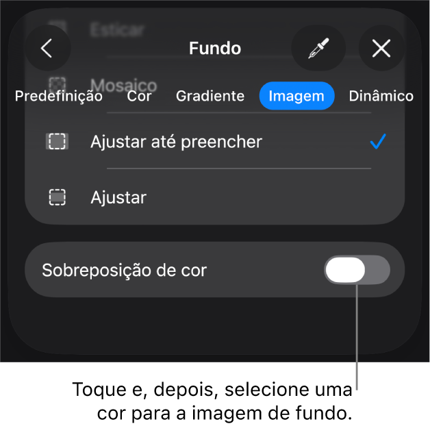 Os controlos de fundo, com uma imagem definida como o fundo do diapositivo e o controlo “Sobreposição de cor” na parte inferior.
