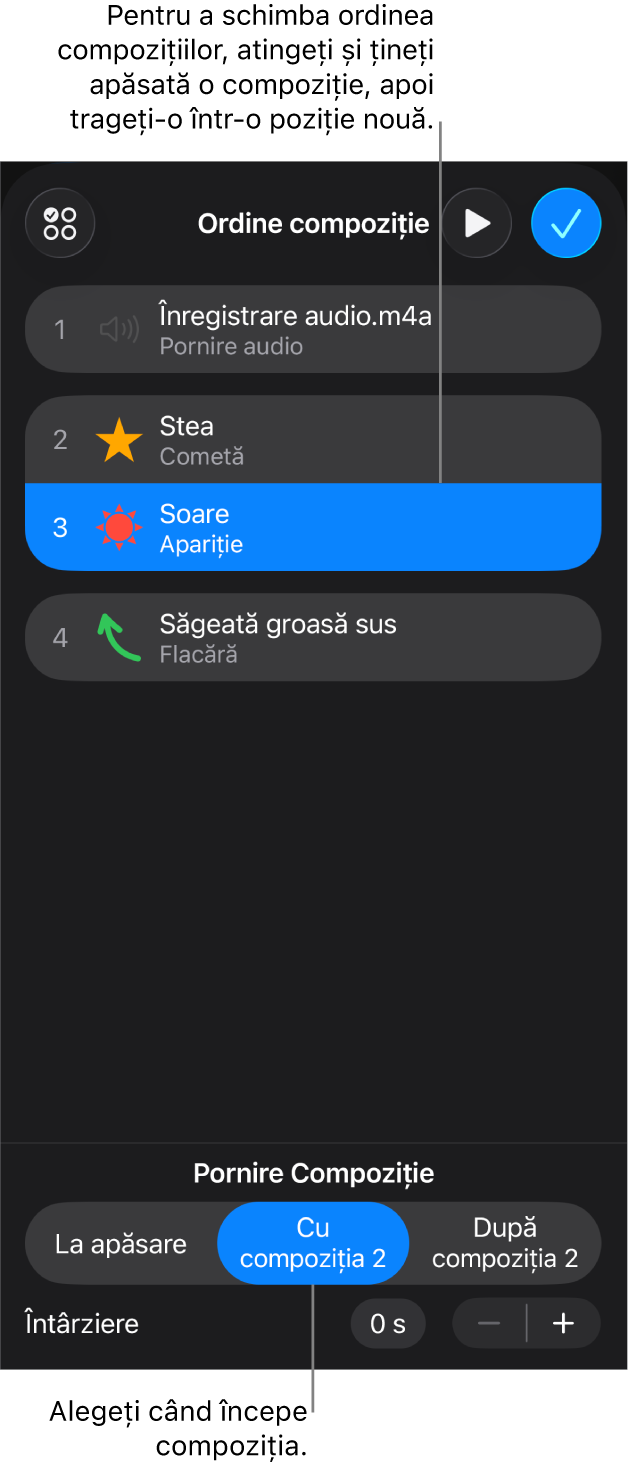 Lista Ordine compoziție prezentând efecte de intrare cu insigne galbene și efecte de ieșire cu insigne gri.