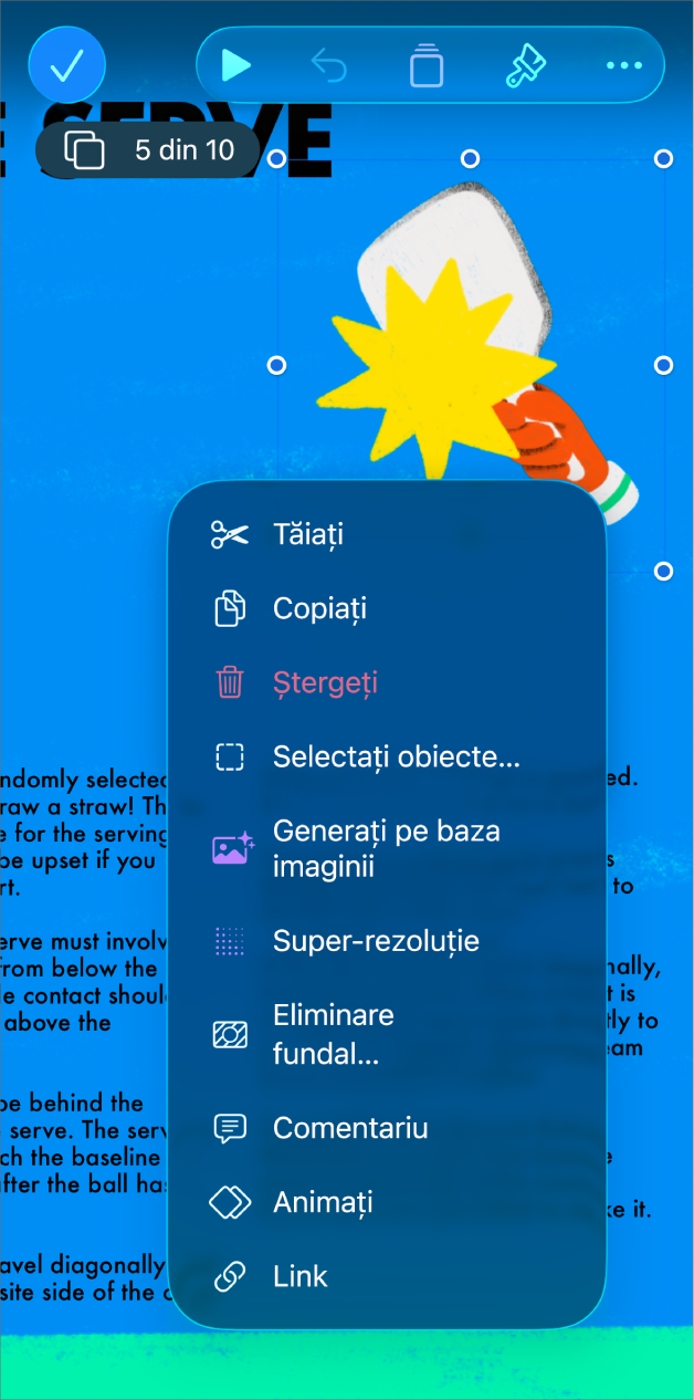 Aplicația Keynote cu un obiect selectat. Butonul Animare se apare în meniu, deasupra obiectului selectat.