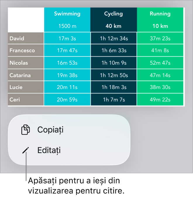 Un tabel este selectat și sub acesta se află un meniu cu butoanele Copiați și Editați.