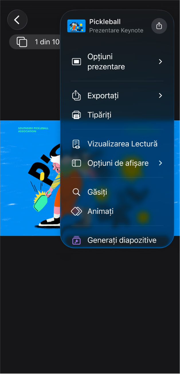 Aplicația Keynote cu opțiuni de exportare deschise în meniul Altele din bara de instrumente.
