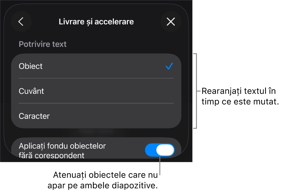 Opțiunile de livrare și accelerare Mutare magică din panoul Accelerare.