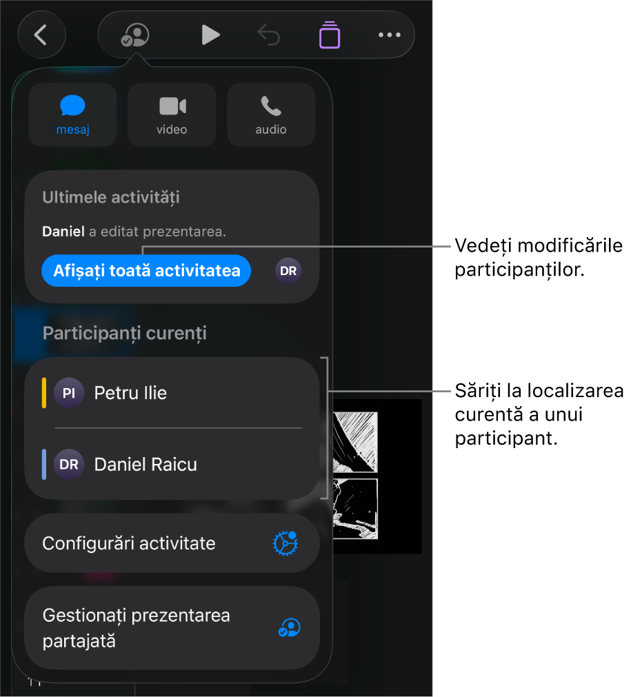 Meniul pentru colaborare cu participanții curenți listați.