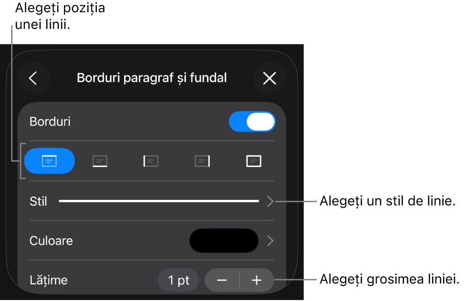 Comenzile pentru schimbarea stilului, grosimii, poziției și culorii liniei.