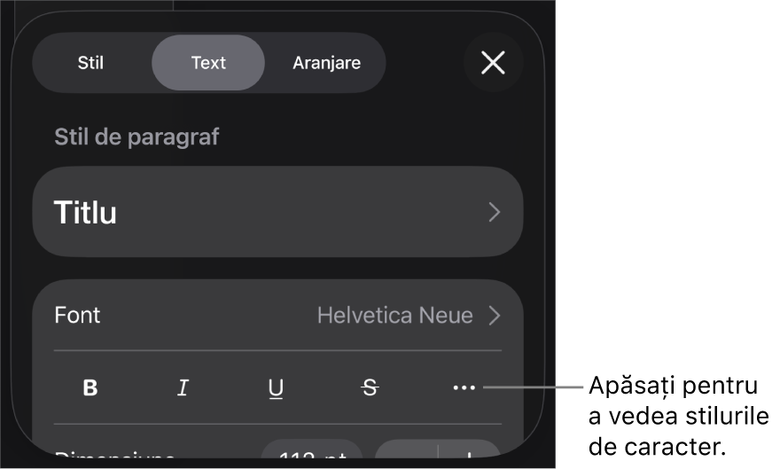 Comenzile Format cu stilurile de paragraf în partea de sus, apoi comenzile Font. Sub Font se află butoanele Aldin, Cursiv, Subliniat, Tăiat cu o linie și Alte opțiuni de text.