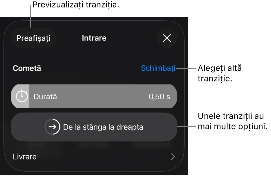 Comenzile din panoul Opțiuni pentru modificarea unei tranziții.